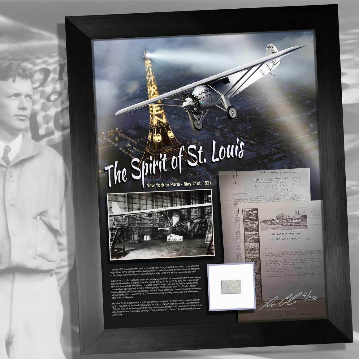Spirit of St. Louis Flown Trans-Atlantic Aircraft Linen 8.5x11 Relic Display