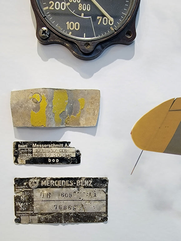 Luftwaffe Bf 109 Instrument, Data Plate & Yellow Skin Relic Display 22x18