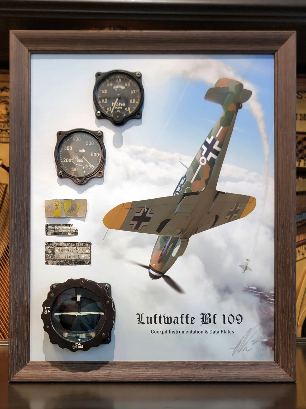 Luftwaffe Bf 109 Instrument, Data Plate & Yellow Skin Relic Display 22x18