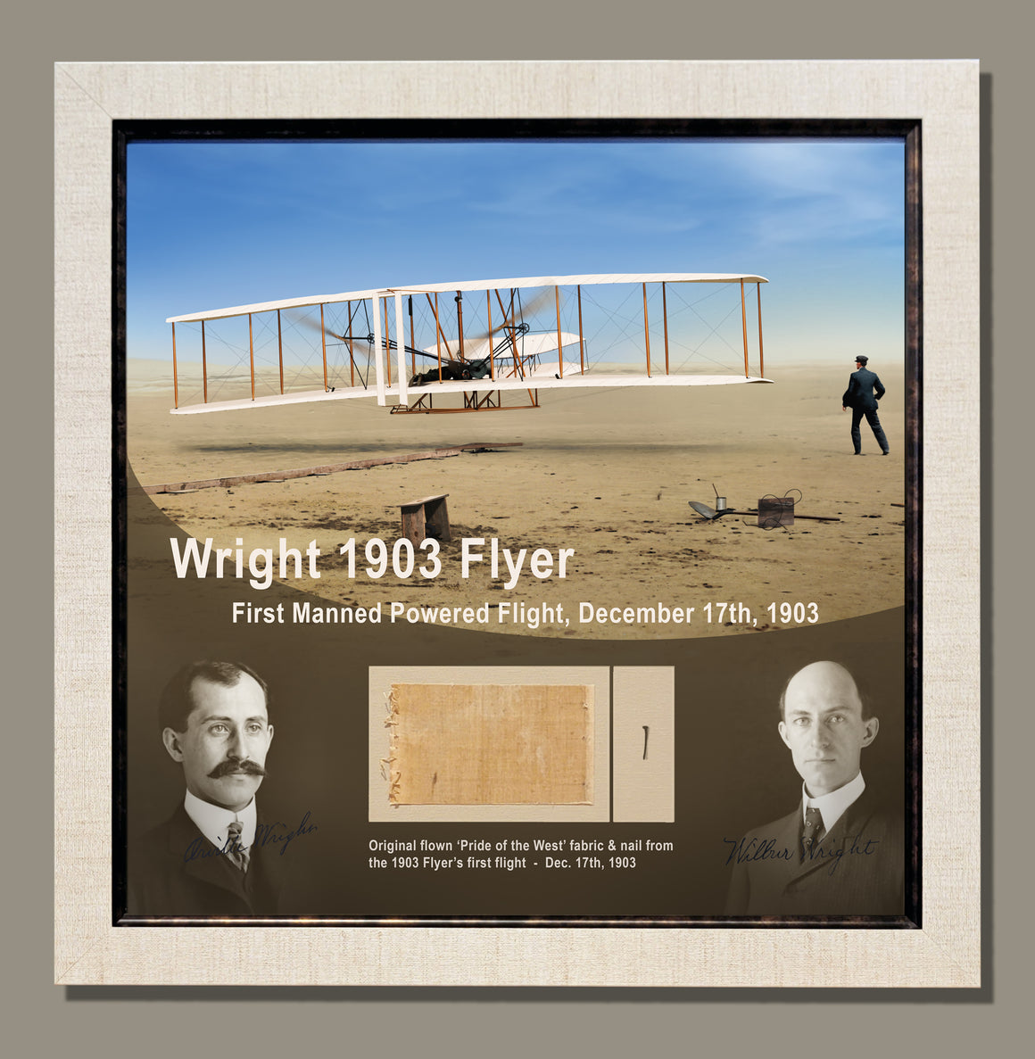 Wright 1903 Flyer Original Flown 'First Flight' Linen & Nail Relic Display 18x18-inch