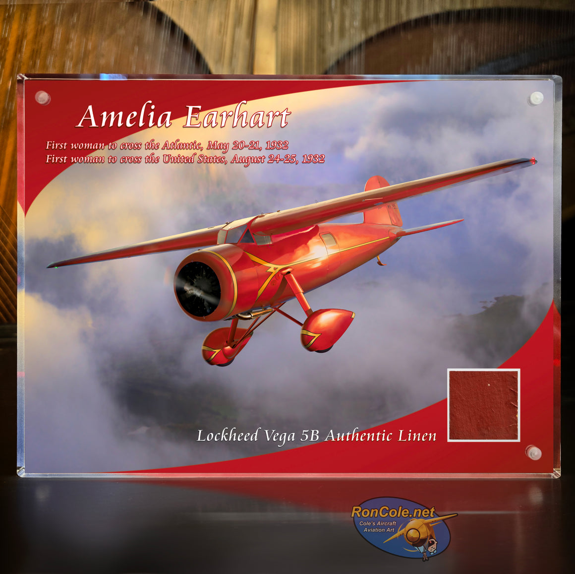 Amelia Earhart Lockheed Vega 6x8-inch Acrylic Record Flight-Flown Linen Relic Display