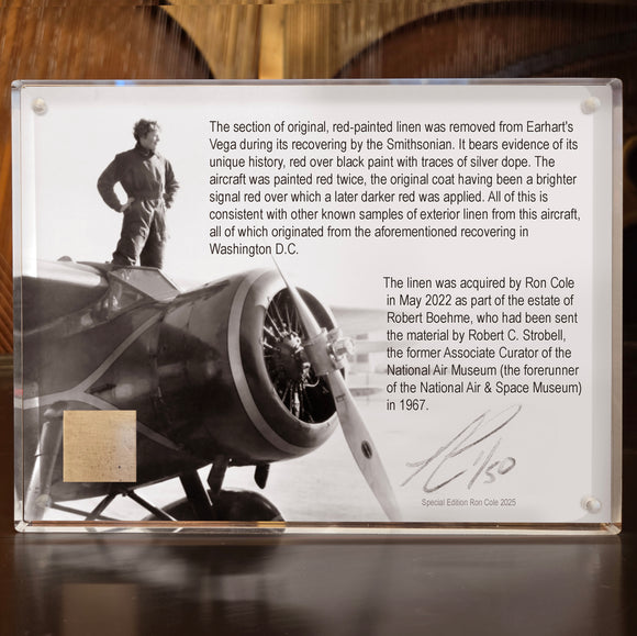 Amelia Earhart Lockheed Vega 6x8-inch Acrylic Record Flight-Flown Linen Relic Display