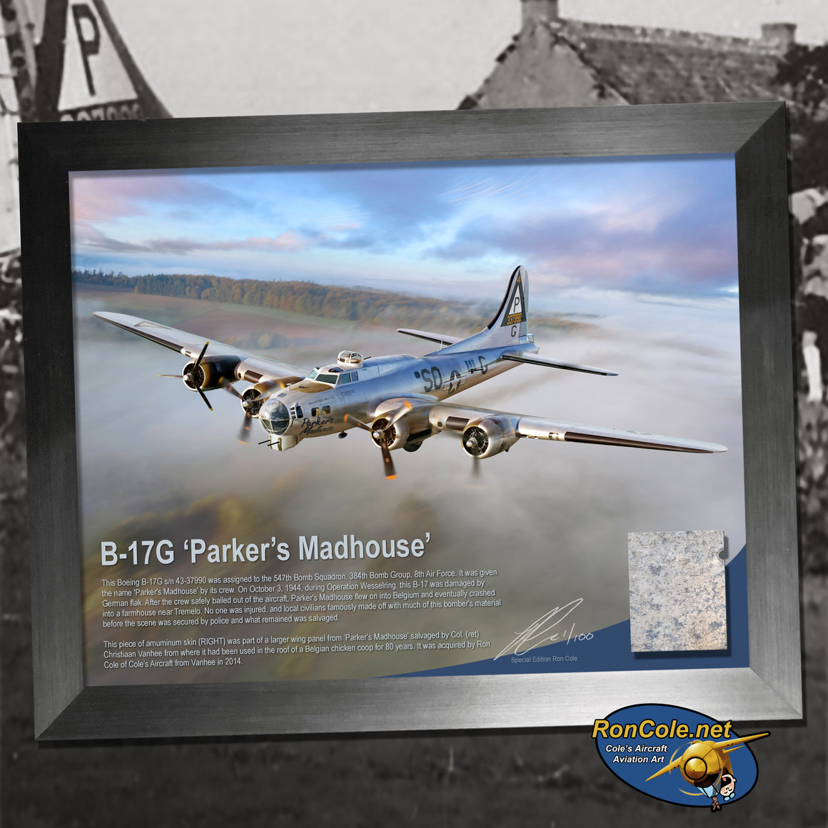 B-17G Flying Fortress 'Parker's Madhouse' Aluminum Skin 8.5x11 Relic Display