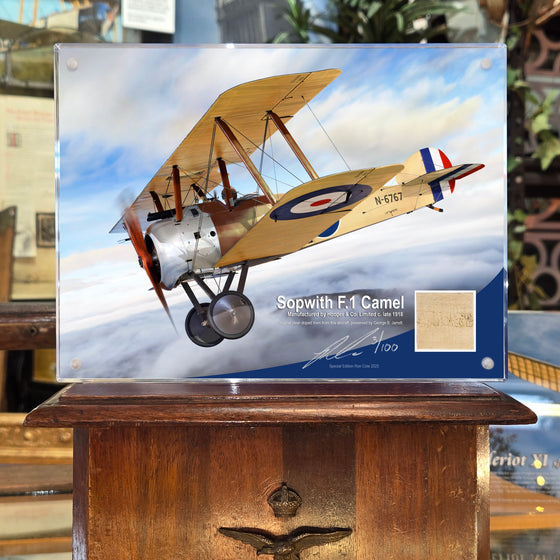 WWI Sopwith Camel G.B. Jarrett Flown Linen Acrylic Relic Desk Display