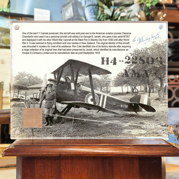 WWI Sopwith Camel G.B. Jarrett Flown Linen Acrylic Relic Desk Display