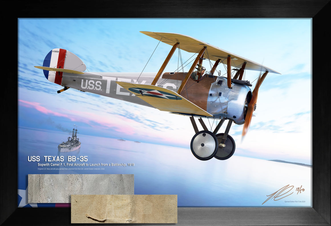 USS Texas Sopwith Camel Flown Linen Relic Display by Ron Cole