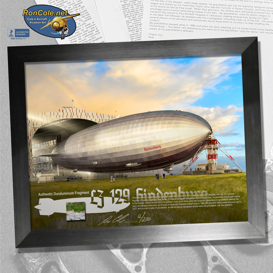 Airship Hindenburg LZ129 Lakehurst Crash Duraluminum Girder 8.5x11 Relic Display