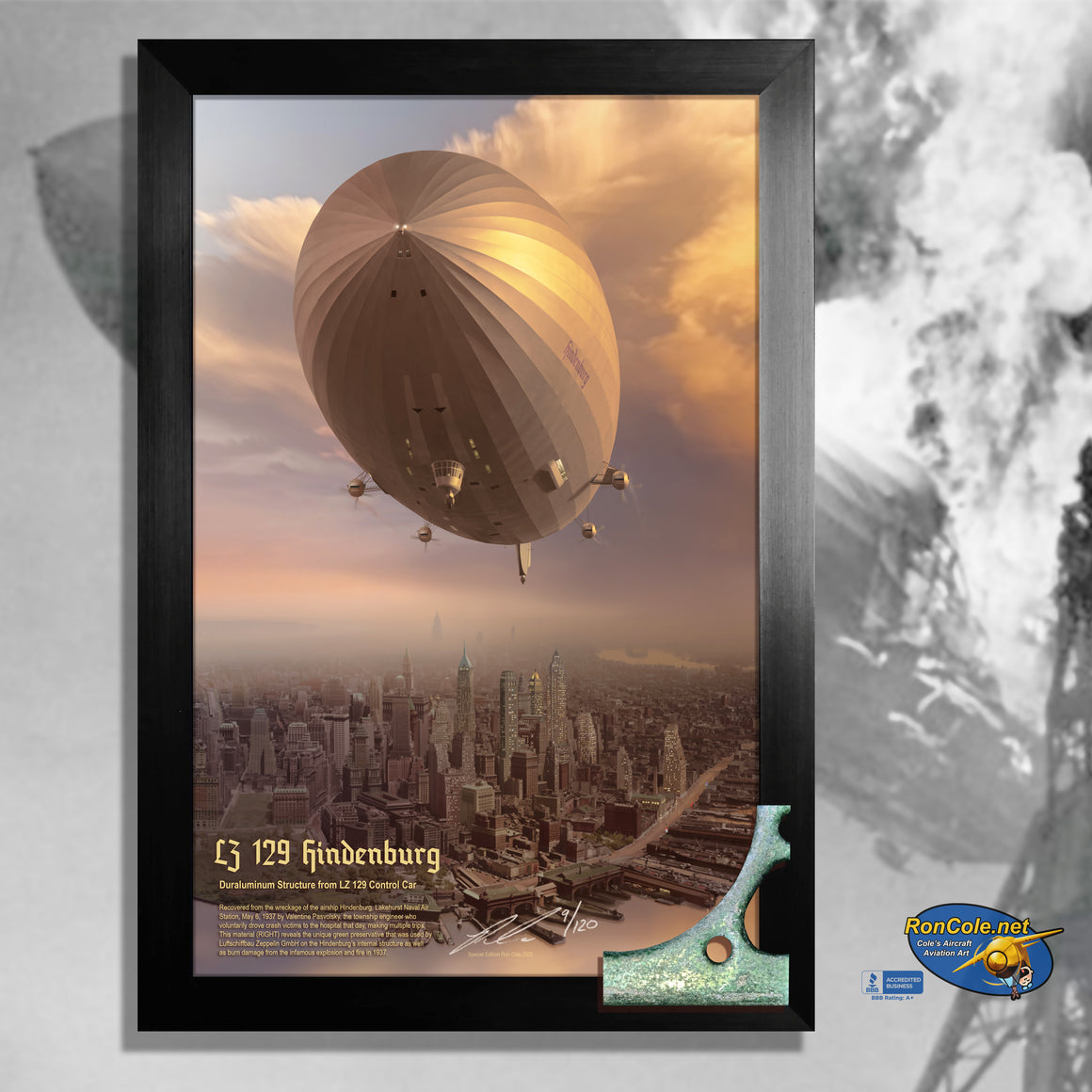 Hindenburg LZ129 Flown Duraluminum from Control Car Relic Display