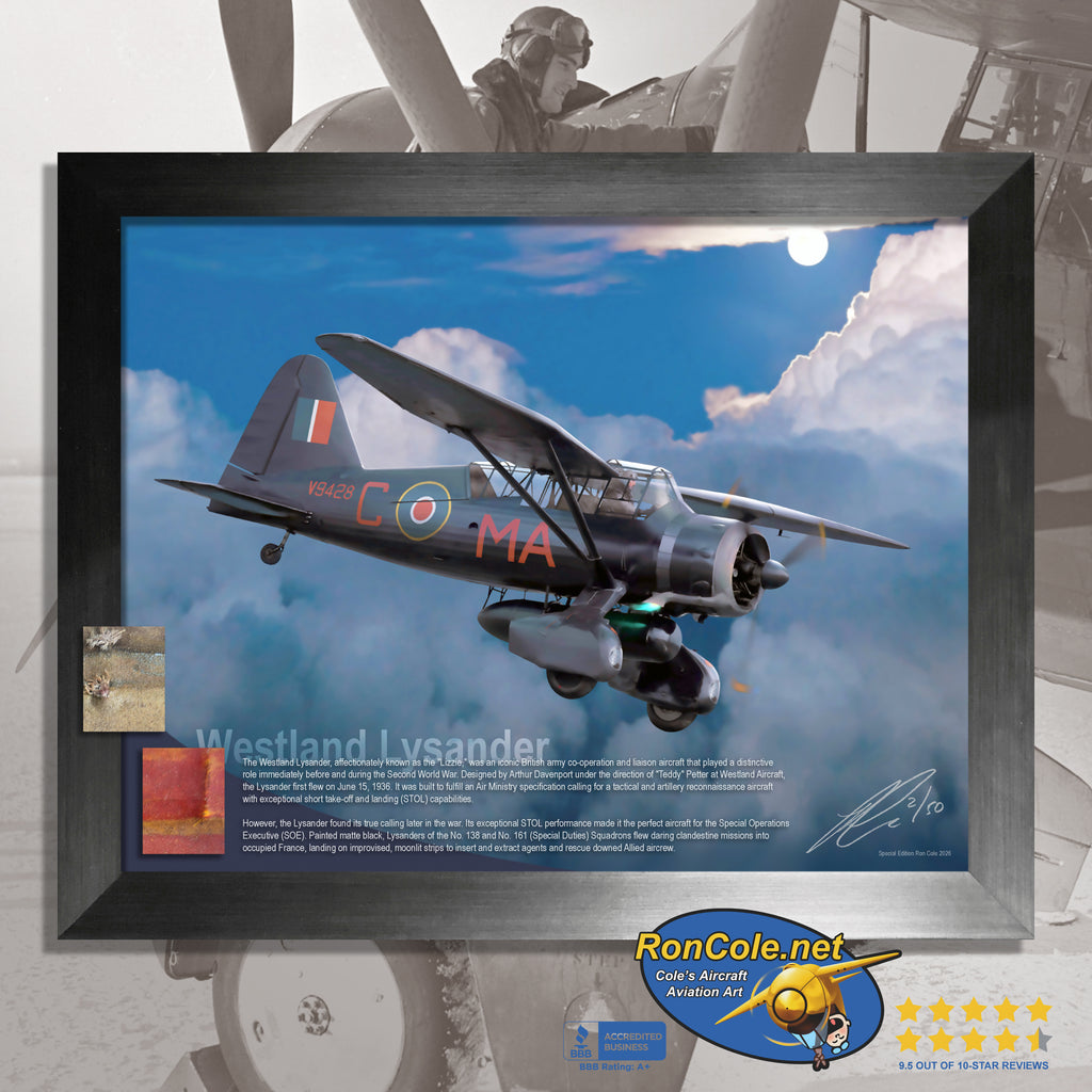 RAF RCAF Westland Lysander s/n 2402 Flown Linen Relic Display by Ron Cole