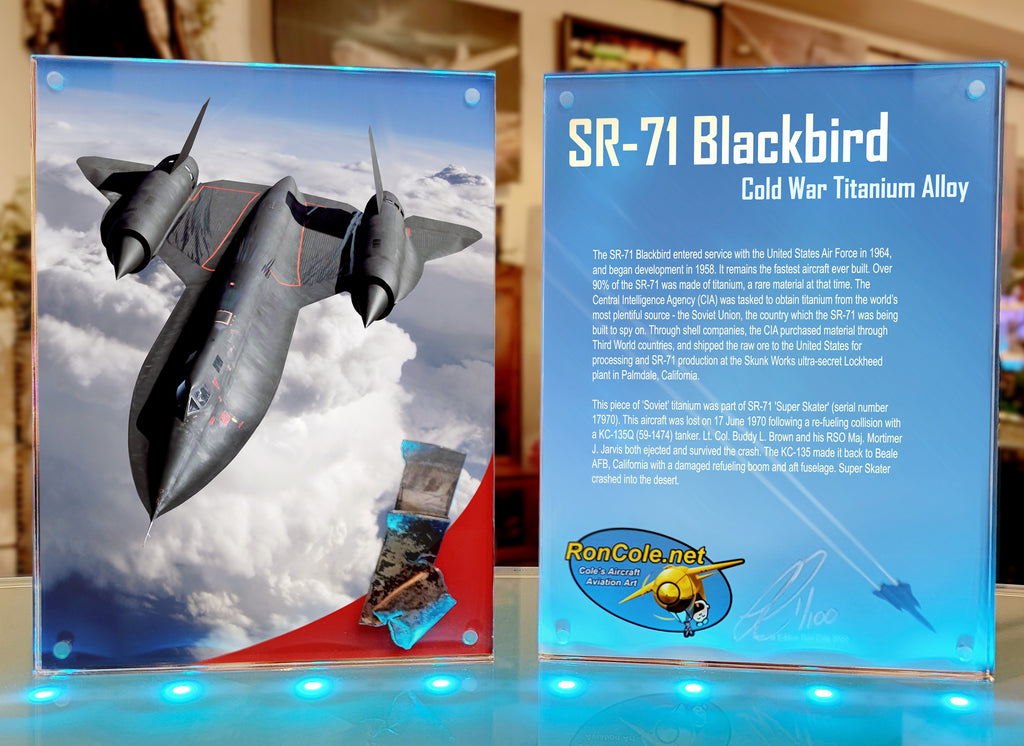 SR-71 Blackbird Flown Titanium 2-Sided Acrylic 6x8 Relic Display by Ron Cole