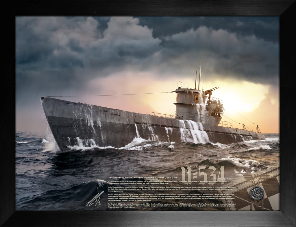 German U Boat U-534 24x18 Salvaged 'Checkers' Game Piece Relic Display