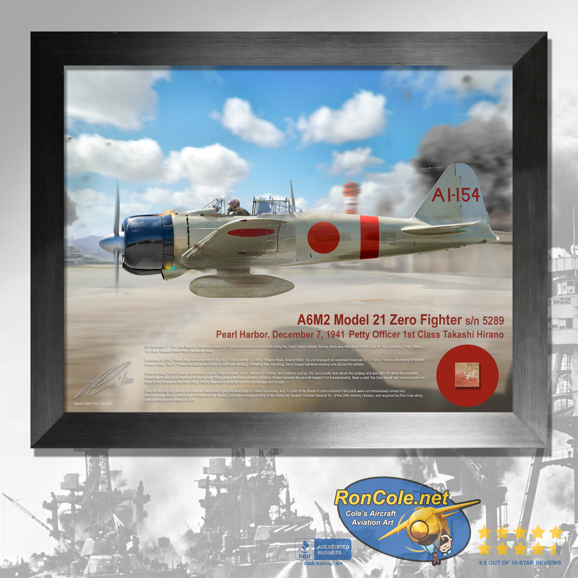 Pearl Harbor Japanese A6M2 Mod. 21 Zero s/n 5289 Takashi Hirano 8.5x11 Relic Display
