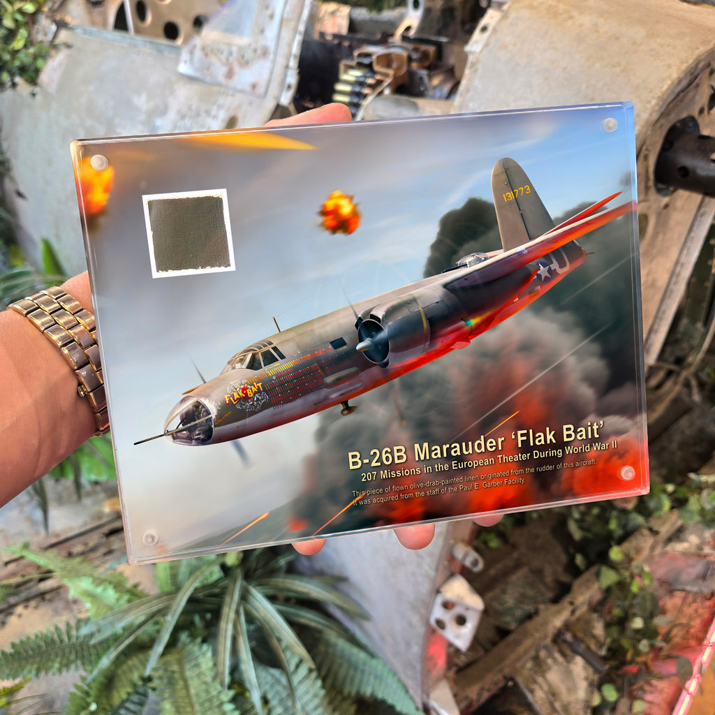 B-26 'Flak Bait' Combat-Flown Linen 6x8 Acrylic Relic Display