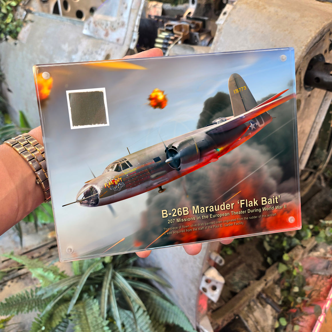 B-26 'Flak Bait' Combat-Flown Linen 6x8 Acrylic Relic Display