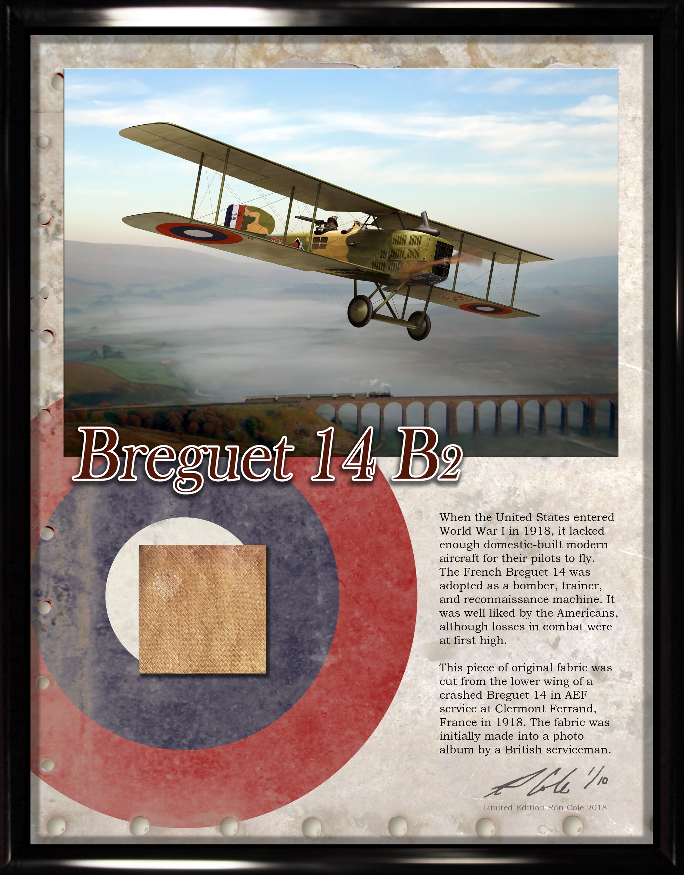 American Air Corps (AEF) Breguet 14 Original Fabric Relic Display